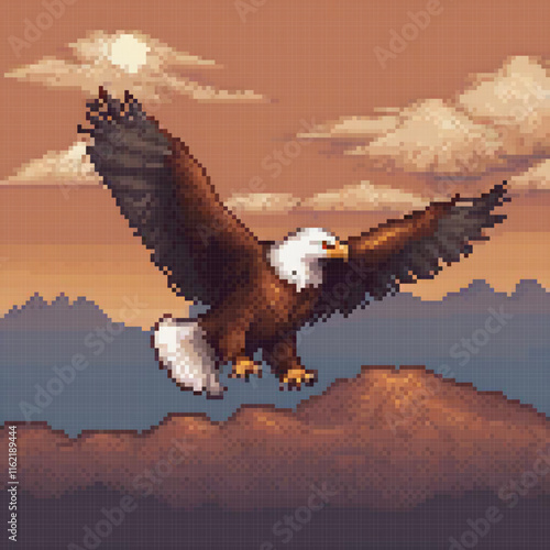 Bold bald eagle soaring above majestic peaks in pixel art.