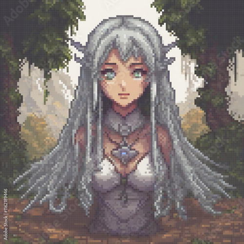 Stunning pixel art cross stitch pattern featuring a woman with flowing white hair.