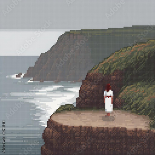 Woman triumphs atop cliff, ocean vista in pixel art.