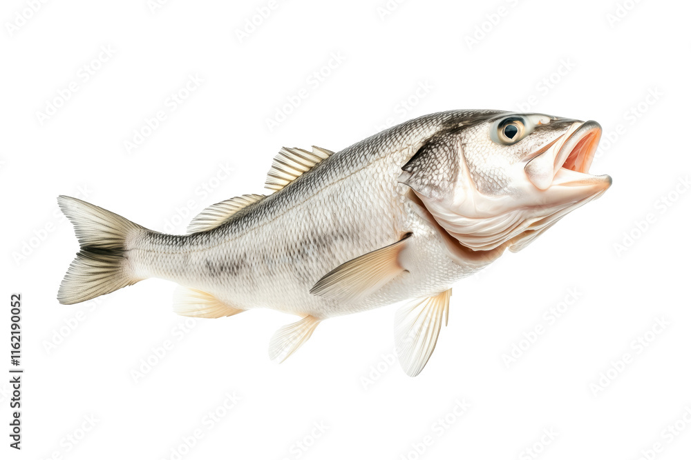 White fish with cod detailed scales, open mouth, and fins isolated on white transparent background, concept of marine wildlife. White fish with cod detailed scales, open mouth, and fins isolated on white transparent background, concept of marine wildlife.