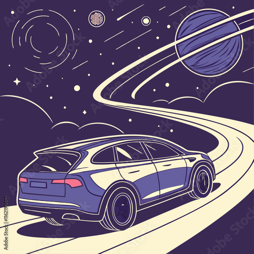 Futuristic car designed for interstellar highways, featuring starlight trails and swirling cosmic dust, perfect for sci-fi projects and space-themed digital designs.