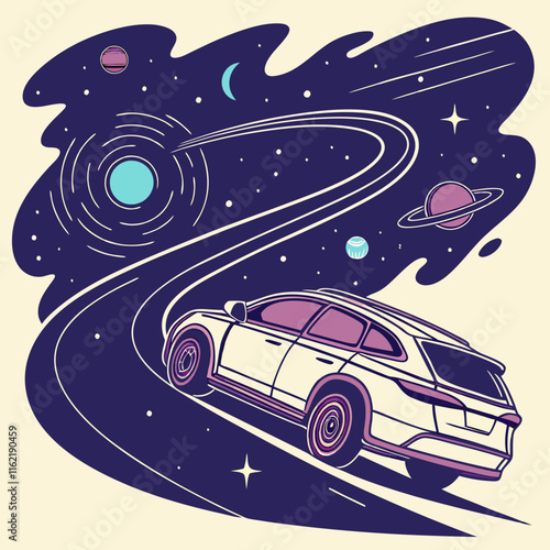 Futuristic car designed for interstellar highways, featuring starlight trails and swirling cosmic dust, perfect for sci-fi projects and space-themed digital designs.