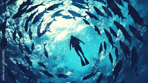 A man is swimming in a school of fish