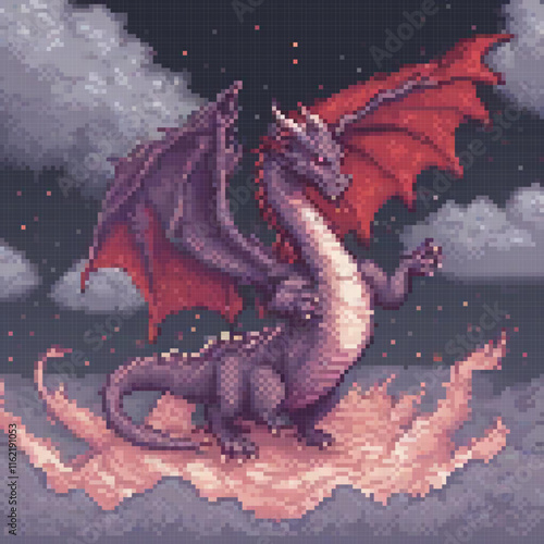 Dragon in flight: Pixel art cross stitch pattern skyward.