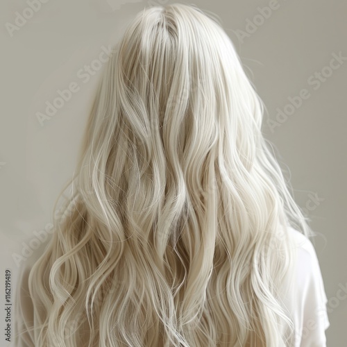 Snow-white wavy blond hair of a blonde. Rear view. Hair care, hair coloring. photo