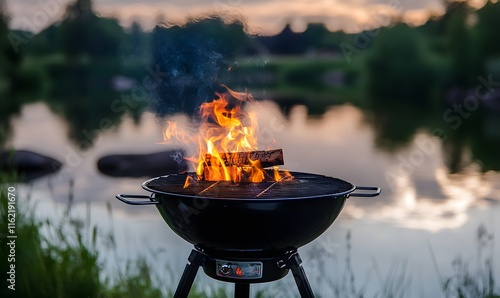 Black grill with fire on lake background, Generative AI  photo