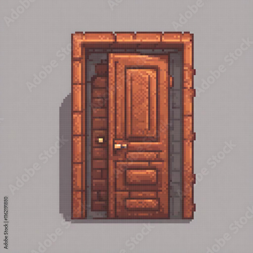 Brown door pixel art with brick wall backdrop
