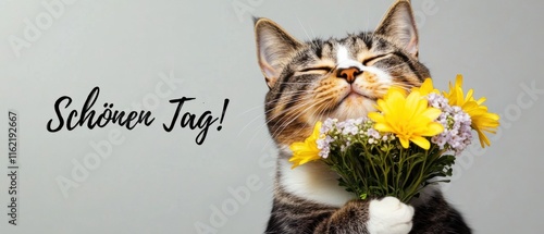 Glückliche Katze mit Blumenstrauß  Schönen Tag photo