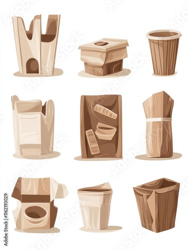 Sustainable materials abstract concept vector illustration set. Waste free wood products, biodegradable eco friendly disposable tableware, low impact packaging, shipping box abstract metaphor.