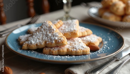 Powdered Hamantaschen cookies on blue plate, symbolizing Purim celebration, indoors photo