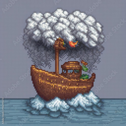 Pixel art depicting a serene boat on calm waters