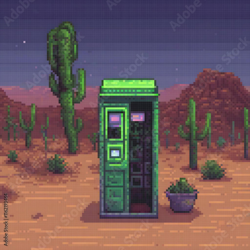 Amidst the desert, a vibrant green vending machine stands out with pixel art.