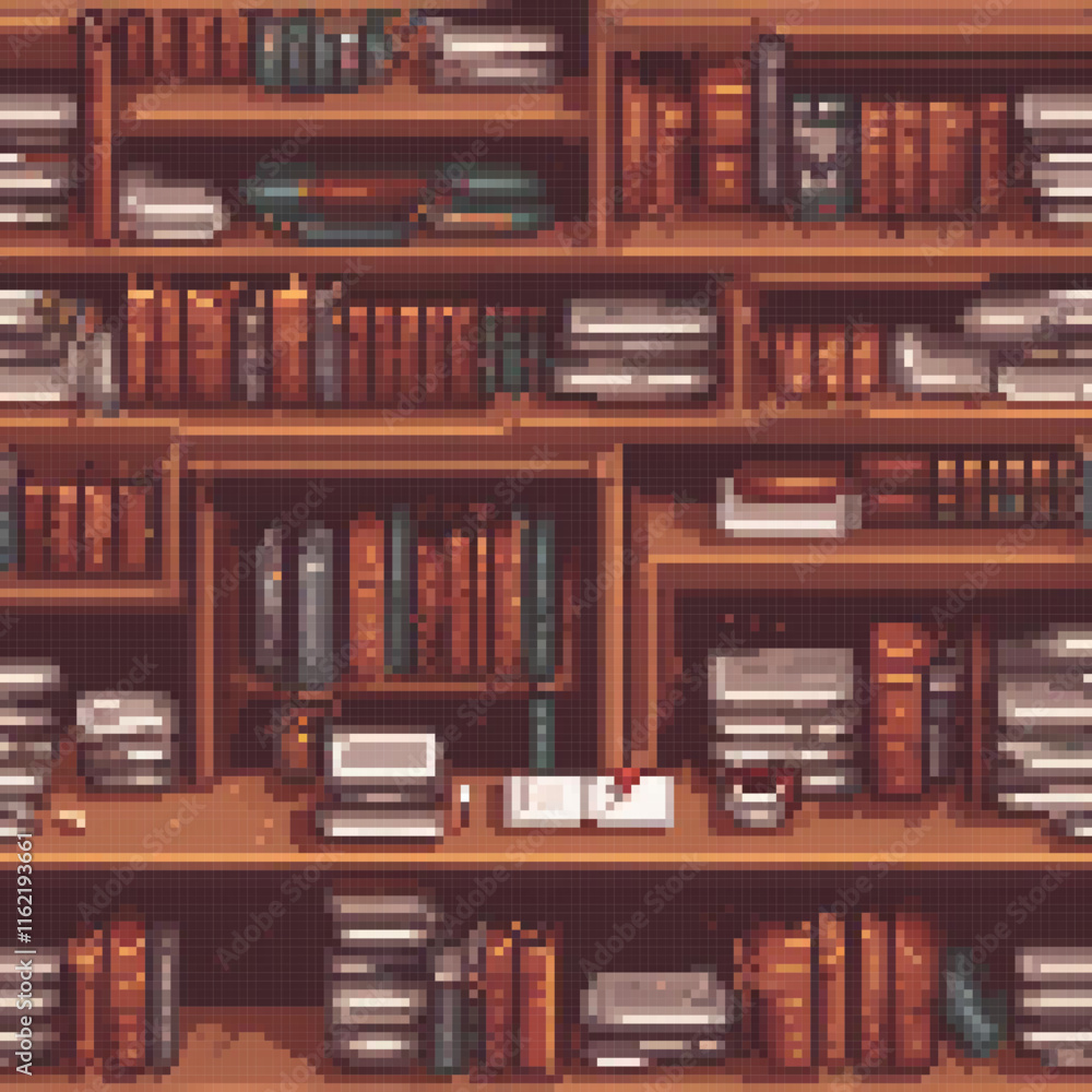 Pixel art of a cozy bookshelf overflowing with books.