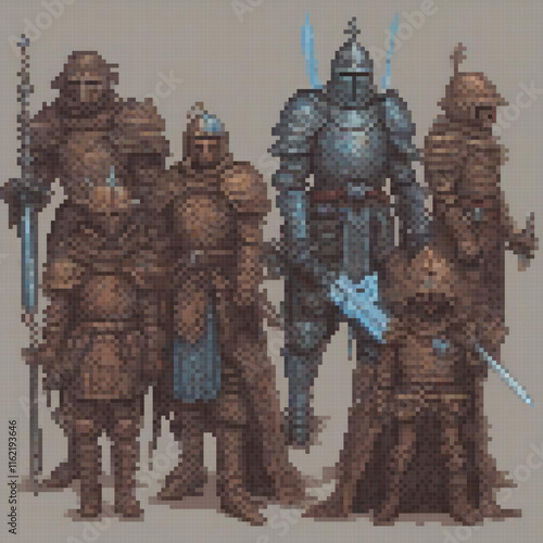 Pixel art depicting valiant knights, each donning armor, wielding swords, and shields.