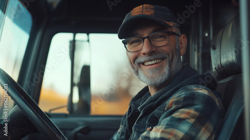 Senior Man driving a semi-trailer truck with a beard and cap on, truck driver sitting in cab and looking at camera photo