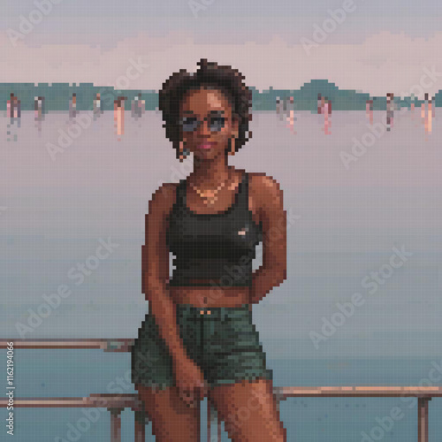 A woman stands on a pier by the ocean, captured in pixel art style.