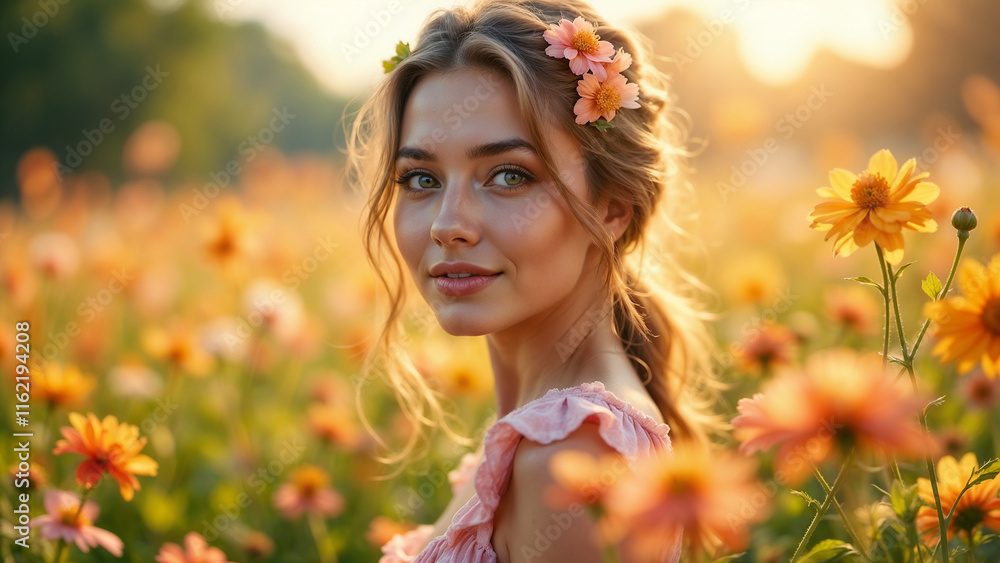 Woman in spring dress surrounded by flowers, sunlight falling on her face Woman in spring dress surrounded by flowers, sunlight falling on her face
