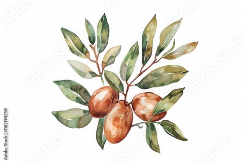 Jojoba. Ayurveda. Watercolor illustration of a jojoba plant branch with detailed green leaves and three brown seed pods.