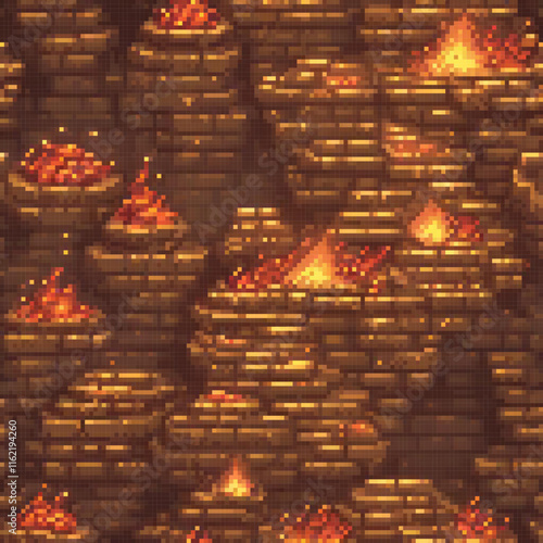 Pixel art depicting a vibrant brick wall, showcasing a multitude of bricks.