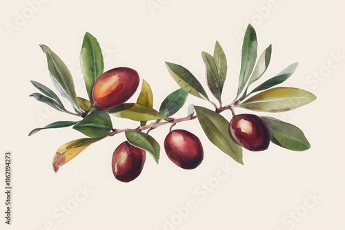 Jojoba. Ayurveda. Watercolor illustration of a jojoba plant branch with green leaves and vibrant red seed pods, showcasing botanical details.