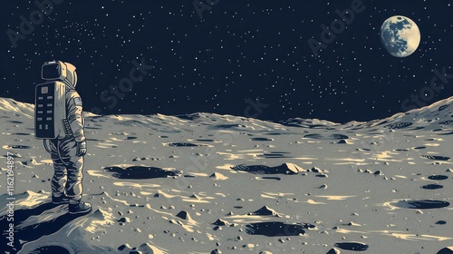 A vintage-style illustration of an astronaut first steps on the moon, with a dramatic lunar landscape and a clear starry sky.