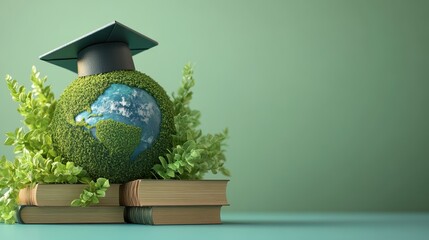 Eco education concept, sustainable learning for a greener planet, earth model with graduation cap, plant growth, environmental education, books, knowledge, and nature