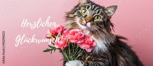 Herzlichen Glückwunsch Katze mit Blumenstrauß gratuliert photo