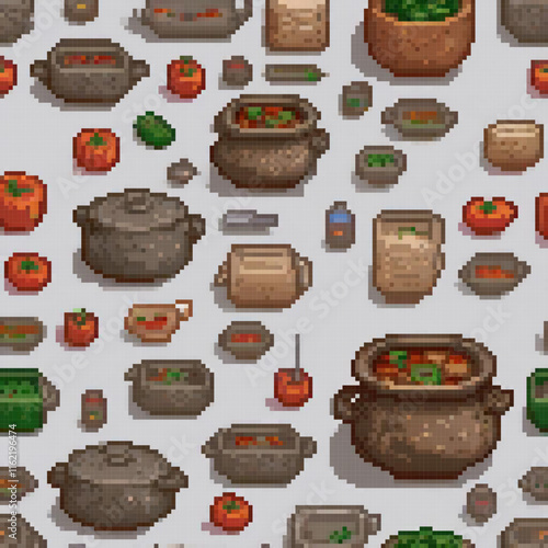 Pixel art showcasing a colorful array of pots and pans on a neutral gray backdrop.