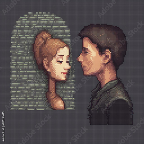 Pixel art depicting a man and woman gazing at each other.