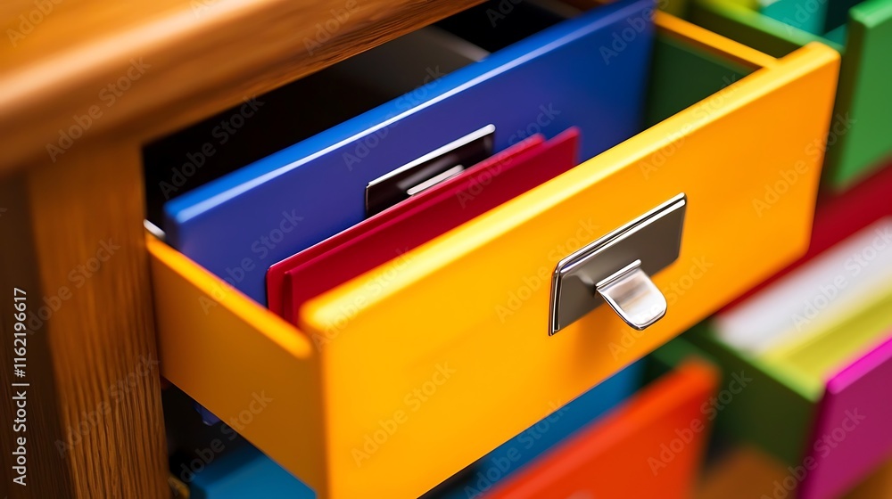 Colorful wooden drawers open revealing vibrant index cards. Colorful wooden drawers open revealing vibrant index cards.