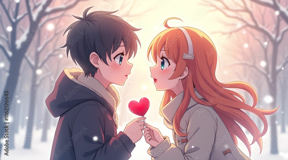 Anime, couple sharing candy heart. Illustration. Cartoon Anime, couple sharing candy heart. Illustration. Cartoon