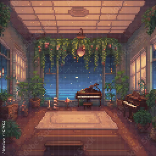 Pixel-perfect room with a central piano, perfect for retro gaming enthusiasts.