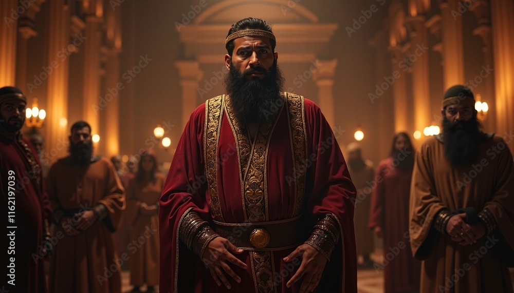 Naklejka premium Regal man in royal attire with serious expression in a grand hall, historical reenactment