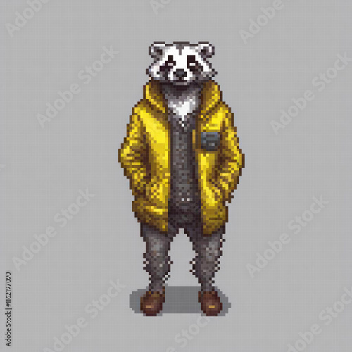 Cute pixel art of a raccoon in a vibrant yellow jacket.