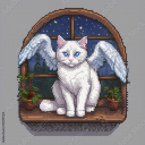 Cute white cat perched on a window sill in pixel art style.