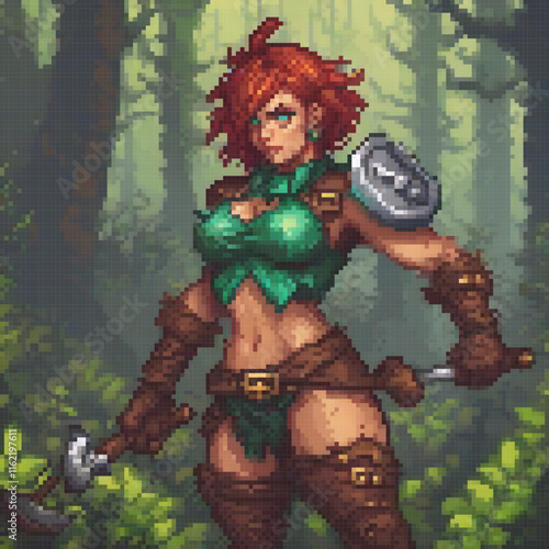 Enchanting pixel art of a green-clad warrior wielding a sword amidst the forest.