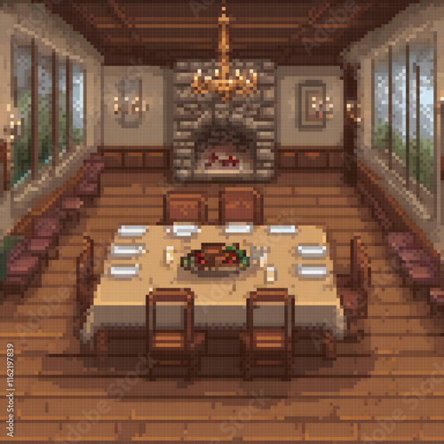Pixel art dining room with a spacious table and chairs.