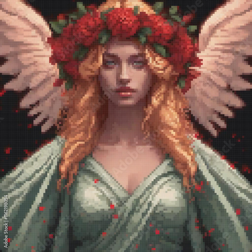 Angelic pixel art with red floral hair accessory