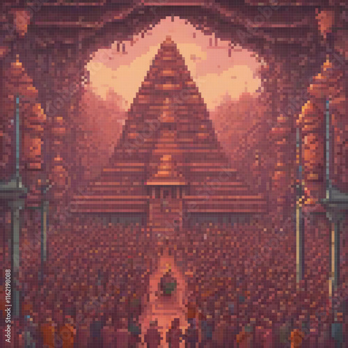 Pixel art depicting a bustling crowd at a majestic temple entrance.