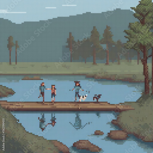 Pixel art depicting a group crossing a river bridge