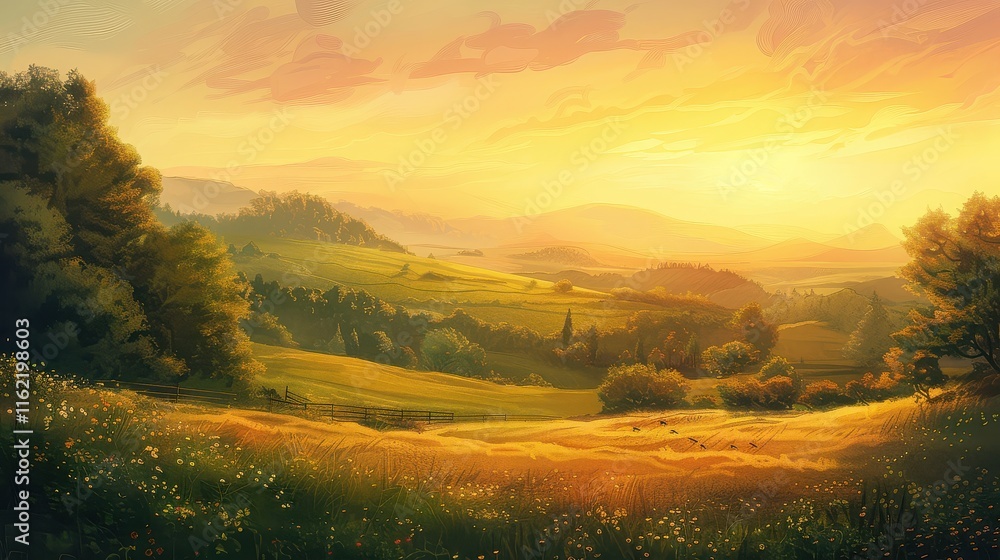 Obraz premium A warm sunrise over a peaceful countryside, casting soft golden light on the rolling hills.