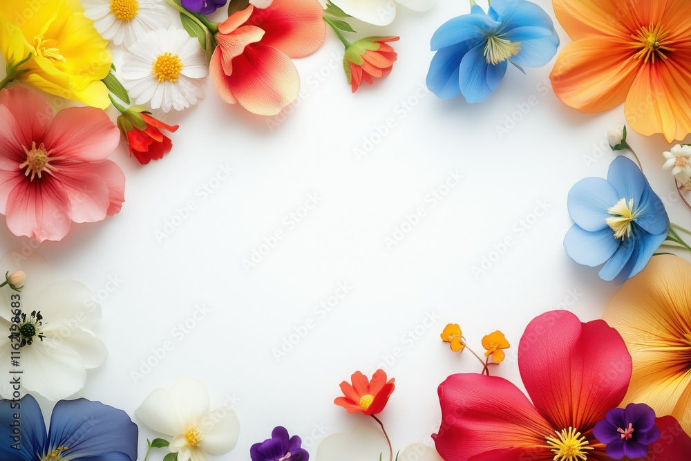 A frame of vibrant flowers on a white background with ample copy space for text in the middle. A frame of vibrant flowers on a white background with ample copy space for text in the middle.