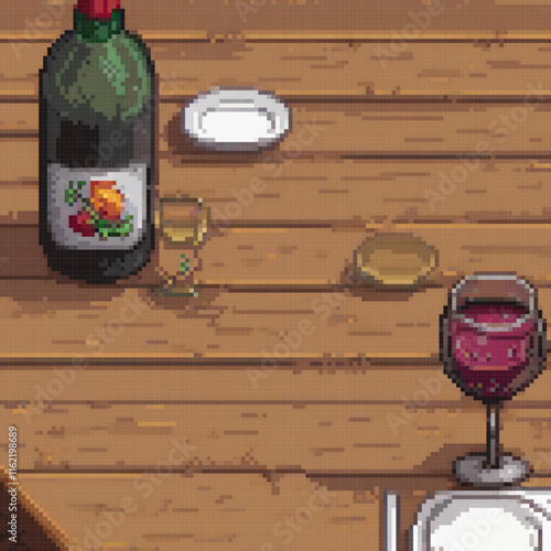 Pixel art depicting a wine bottle and glass on a table, perfect for wine lovers and collectors.