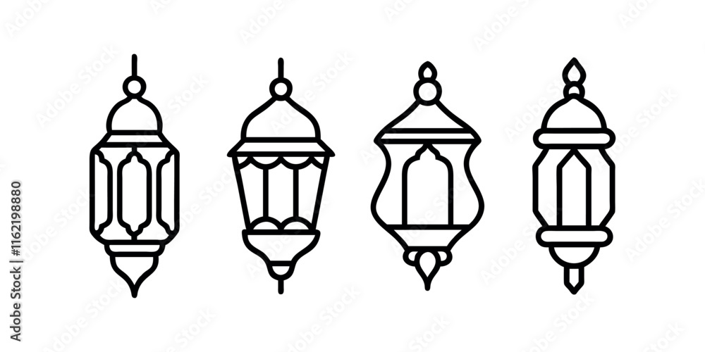 Elegant Black Line Art of Hanging Islamic Lanterns. Set of traditional vintage arab lanterns. Isolated line icons, logos, Vector illustrations for muslim holiday Ramadan Kareeem. Elegant Black Line Art of Hanging Islamic Lanterns. Set of traditional vintage arab lanterns. Isolated line icons, logos, Vector illustrations for muslim holiday Ramadan Kareeem.