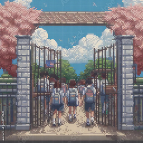 Pixel art depicting friends entering a blooming cherry blossom gate.