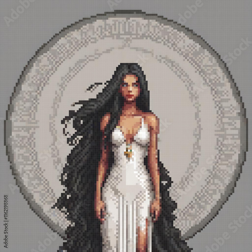 Elegant pixel art of a woman in a pristine white dress, adorned with long, flowing black hair.