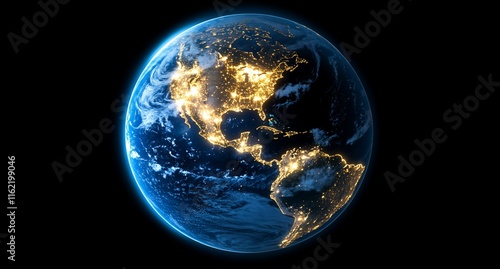 Fototapeta Naklejka Na Ścianę i Meble -  A view of Earth at night, showcasing illuminated cities and landscapes.