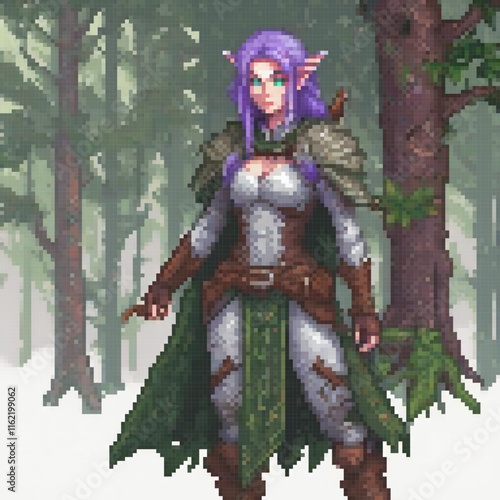 Enchanting pixel art of a woman with purple hair and green cloak amidst a mystical forest.