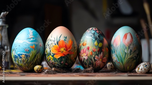 Decorative painted easter eggs in soft pastel colors, featuring intricate hand-drawn designs and floral motifs on a rustic wooden surface, ideal for spring holiday celebrations and seasonal decor photo