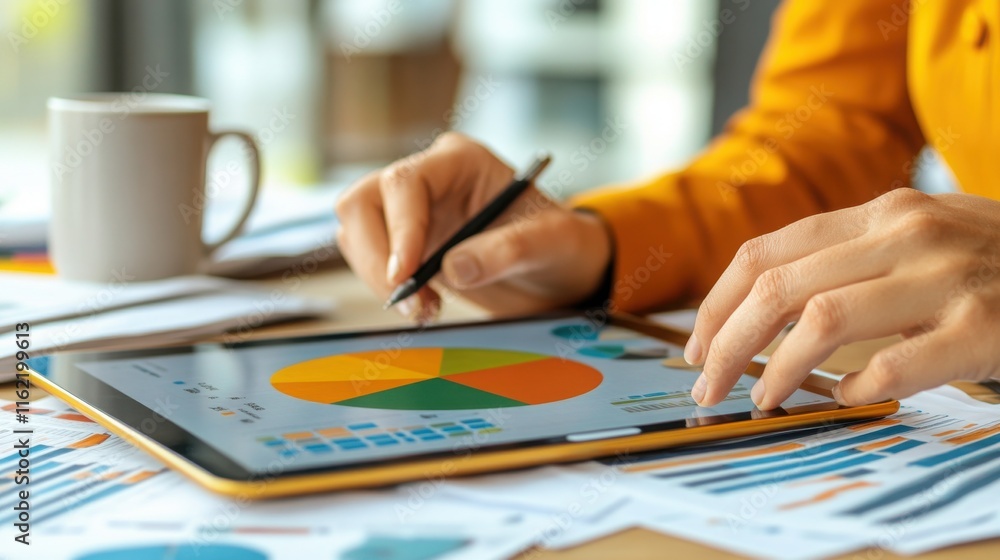 Focused Individual Analyzing Data Charts on Tablet with Coffee Focused Individual Analyzing Data Charts on Tablet with Coffee